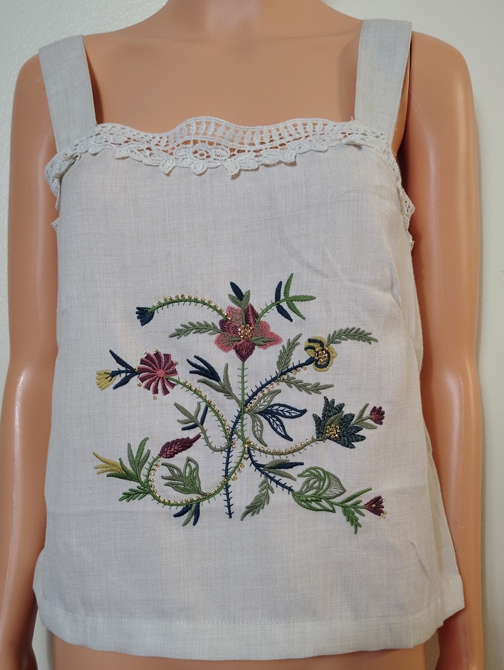 Badgley Mischka Embroidered Linen Boho Cottagecore Tank M - Picture 2 of 14
